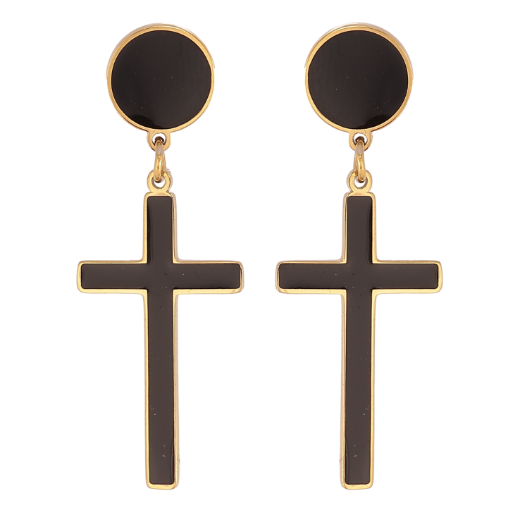 Сережки Xuping TTM Stainless Steel колір 14К пусети "Хрестики з чорною емаллю" фото №7