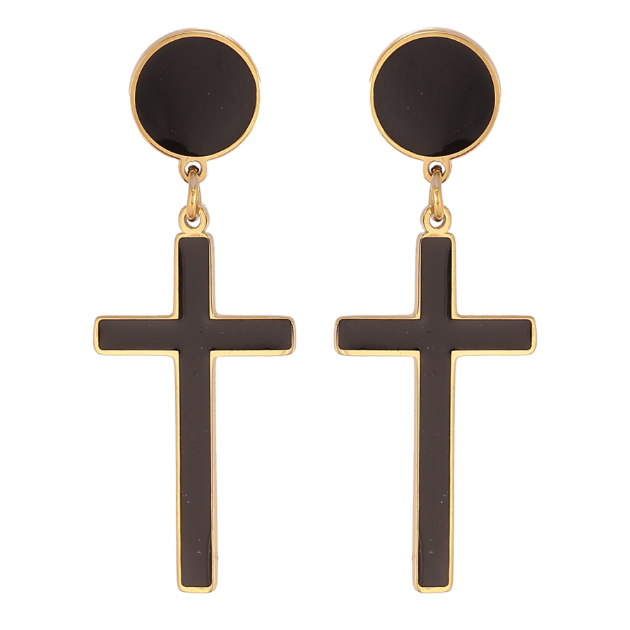 Сережки Xuping TTM Stainless Steel колір 14К пусети "Хрестики з чорною емаллю" фото №1 Сережки Xuping TTM Stainless Steel колір 14К пусети "Хрестики з чорною емаллю" фото №1