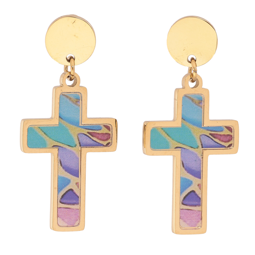 Сережки Xuping TTM Stainless Steel колір 14К пусети "Хрестики з кольоровими вставками" фото №1