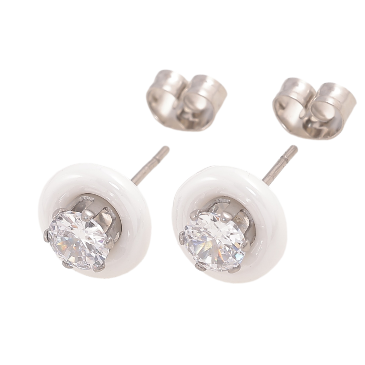 Серьги Xuping TTM Stainless Steel цвет Родий пусеты "Круги из белой керамики с кристаллами" ø 9мм фото №12