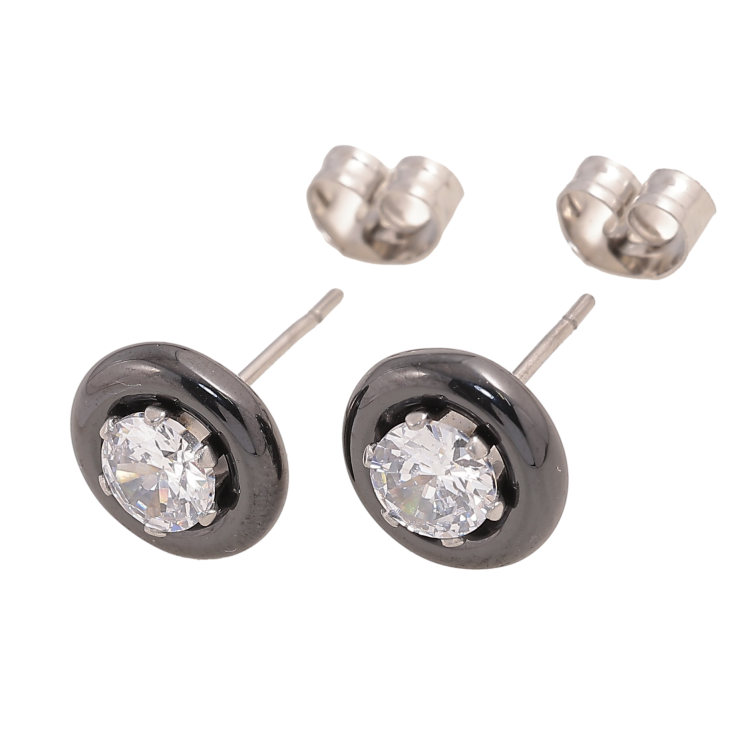 Серьги Xuping TTM Stainless Steel цвет Родий пусеты "Круги из черной керамики с кристаллами" ø 9мм фото №11