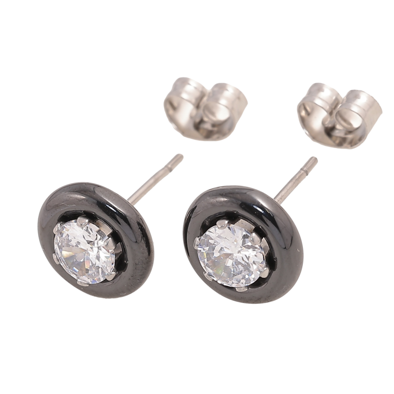 Сережки Xuping TTM Stainless Steel колір Родій пусети "Кола із чорної кераміки з кристалами" ø 9мм фото №3