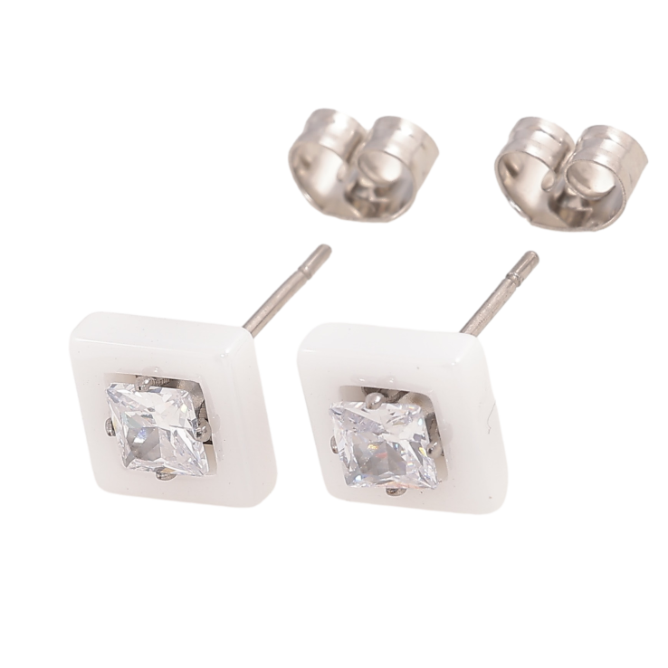 Серьги Xuping TTM Stainless Steel цвет Родий пусеты "Квадраты из белой керамики с кристаллом" 8х8мм фото №10