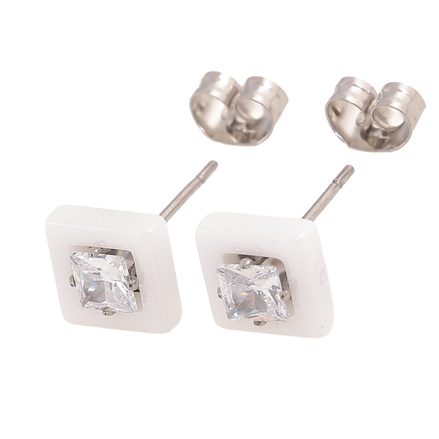 Серьги Xuping TTM Stainless Steel цвет Родий пусеты "Квадраты из белой керамики с кристаллом" 8х8мм фото №1 Серьги Xuping TTM Stainless Steel цвет Родий пусеты "Квадраты из белой керамики с кристаллом" 8х8мм фото №1