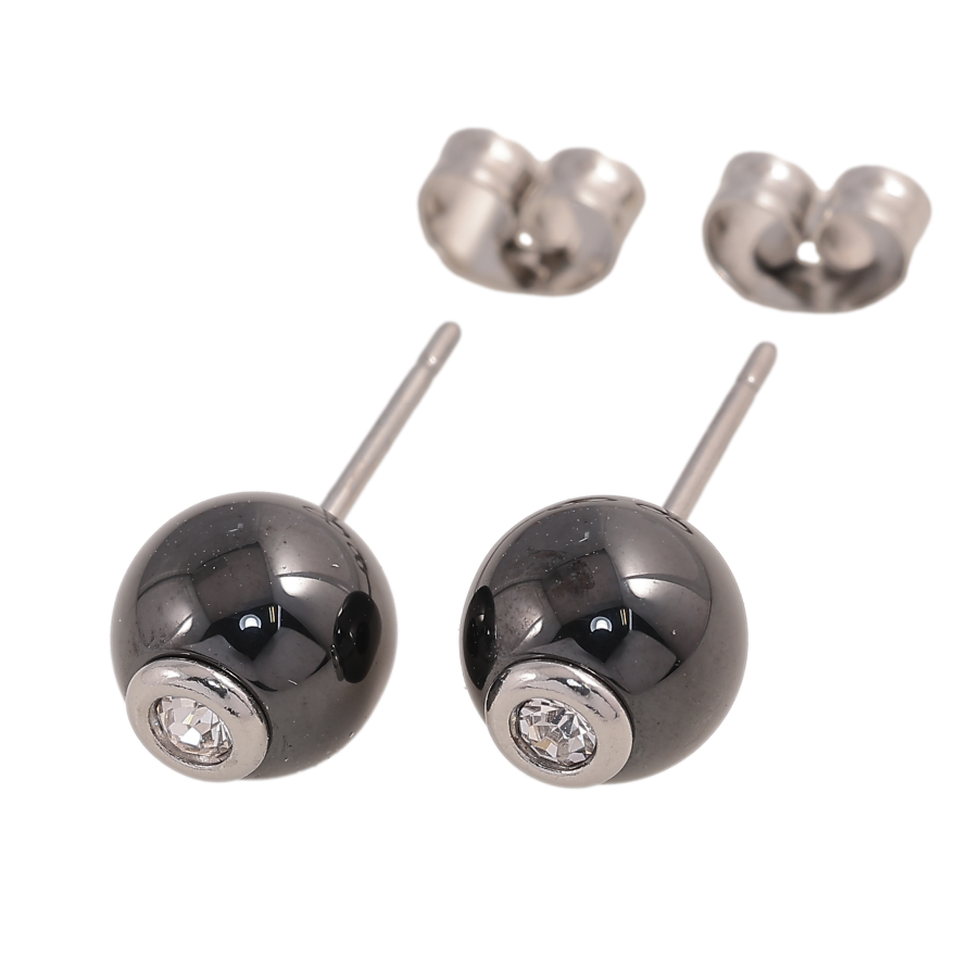 Сережки Xuping TTM Stainless Steel колір Родій пусети "Кульки з чорної кераміки" ø 8мм фото №1