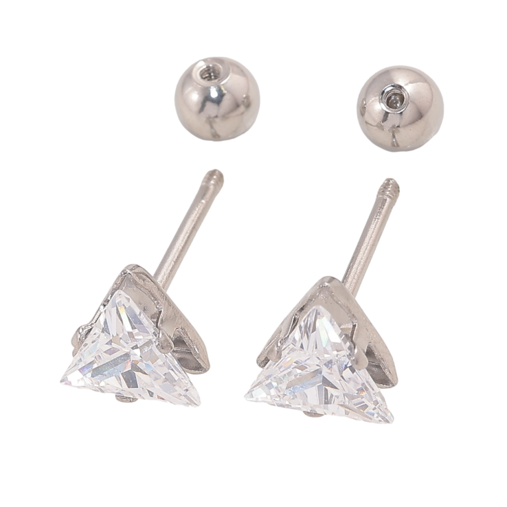 Сережки Xuping TTM Stainless Steel колір Родій пусети "Кристальні трикутники"  6х6мм, застібки закрутки - text_photo_image 12