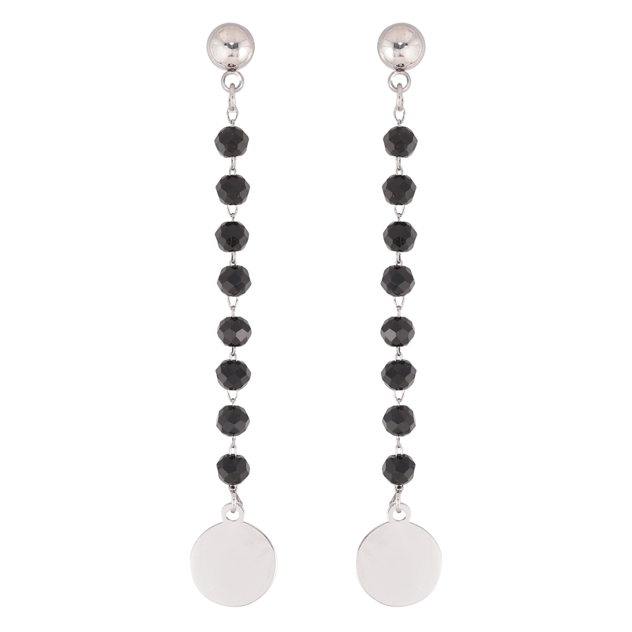 Серьги Xuping TTM Stainless Steel цвет Родий пусеты "Подвески с черными бусинами" фото №1