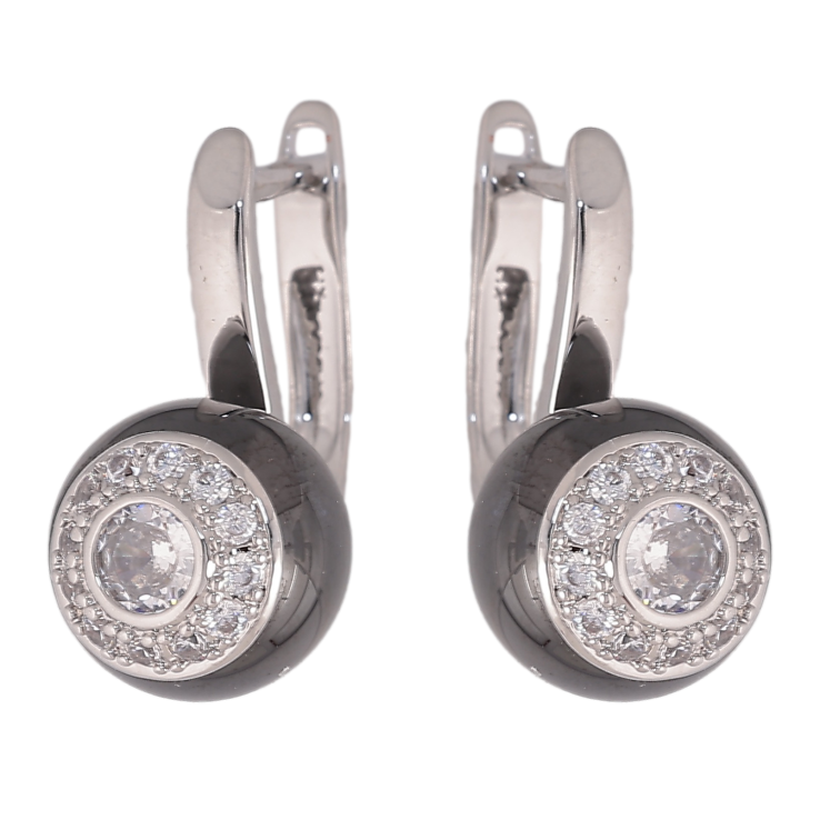 Сережки Xuping TTM Stainless Steel колір Родій англійський замок "Кульки з чорної кераміки з кристалами" фото №3