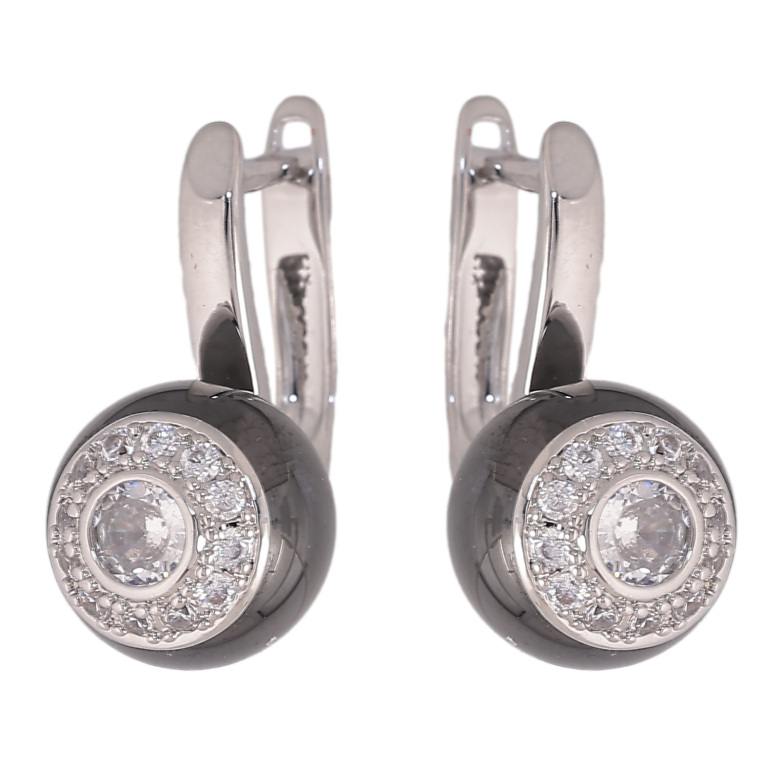 Сережки Xuping TTM Stainless Steel колір Родій англійський замок "Кульки з чорної кераміки з кристалами" фото №1