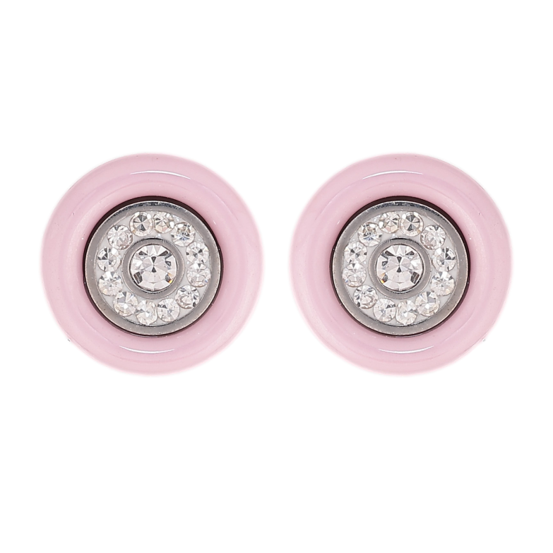 Серьги Xuping TTM Stainless Steel цвет Родий пусеты "Колечки с кристаллами и розовой керамикой" фото №1