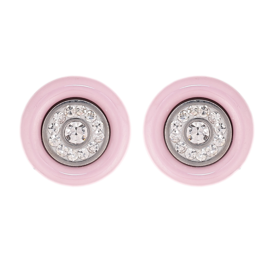 Серьги Xuping TTM Stainless Steel цвет Родий пусеты "Колечки с кристаллами и розовой керамикой" фото №1