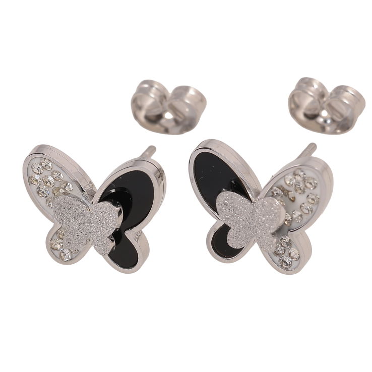 Сережки Xuping TTM Stainless Steel колір Родій пусети "Метелики з чорними вставками та кристалами" фото №12