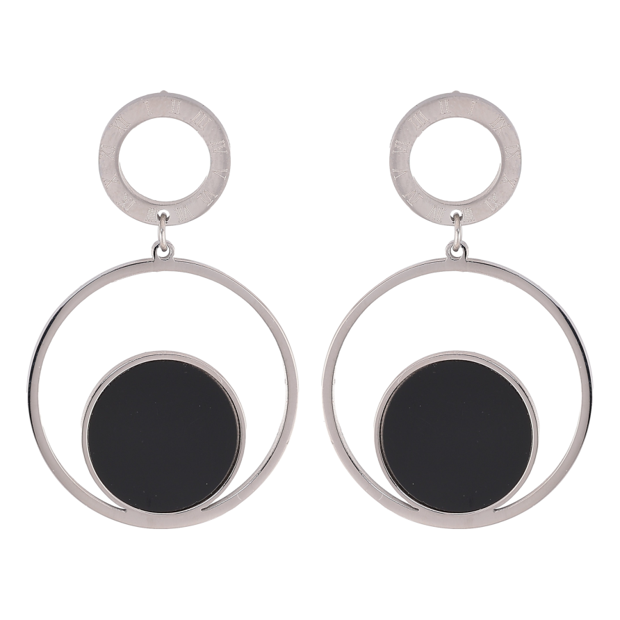 Серьги Xuping TTM Stainless Steel цвет Родий пусеты "Круглые подвески с узором циферблат и черными вставками" фото №1 Серьги Xuping TTM Stainless Steel цвет Родий пусеты "Круглые подвески с узором циферблат и черными вставками" фото №1