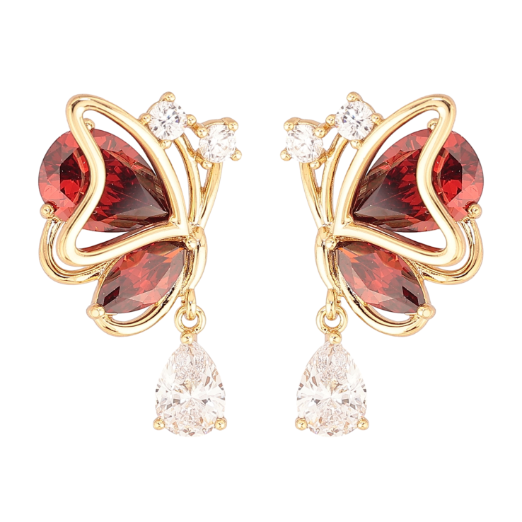 Серьги Xuping цвет Позолота 14K пусеты "Бабочки с красными кристаллами" фото №3