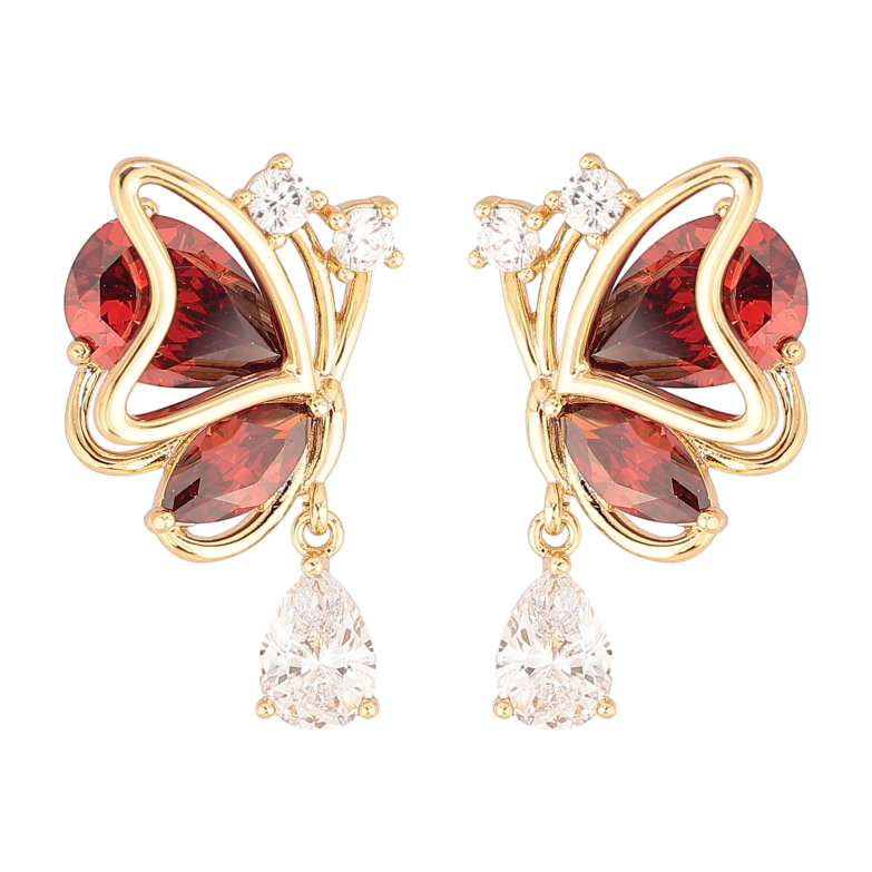 Сережки Xuping колір Позолота 14K пусети "Метелики з червоними кристалами" фото №1 Сережки Xuping колір Позолота 14K пусети "Метелики з червоними кристалами" фото №1