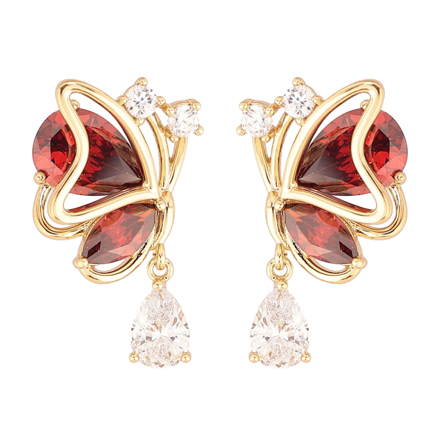Серьги Xuping цвет Позолота 14K пусеты "Бабочки с красными кристаллами" фото №1