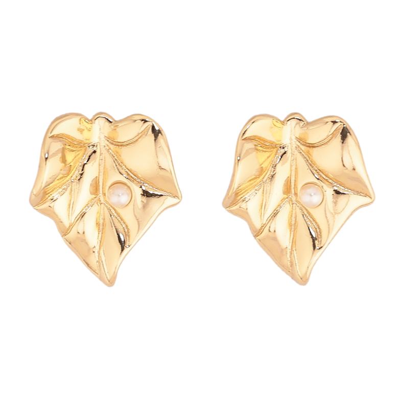 Серьги Xuping цвет Позолота 14K пусеты "Листики с жемчужинками" фото №1