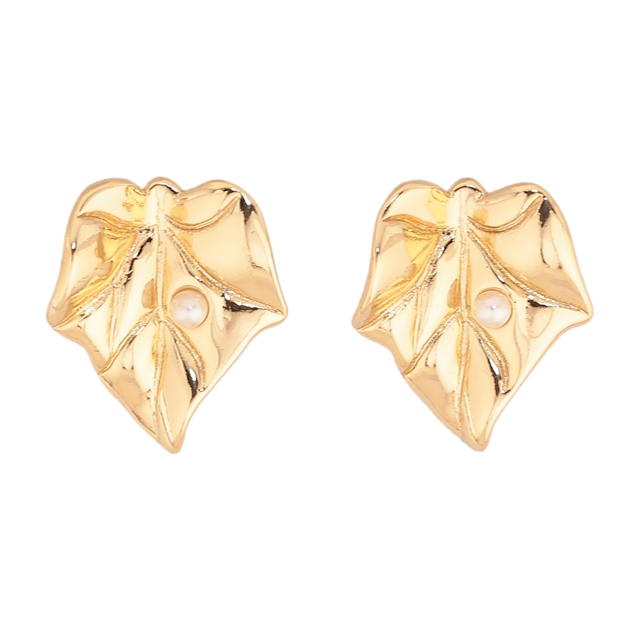Серьги Xuping цвет Позолота 14K пусеты "Листики с жемчужинками" фото №1