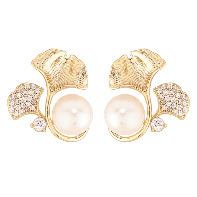 Сережки Xuping колір Позолота 14K пусети "Листочки з перлинами" фото №1