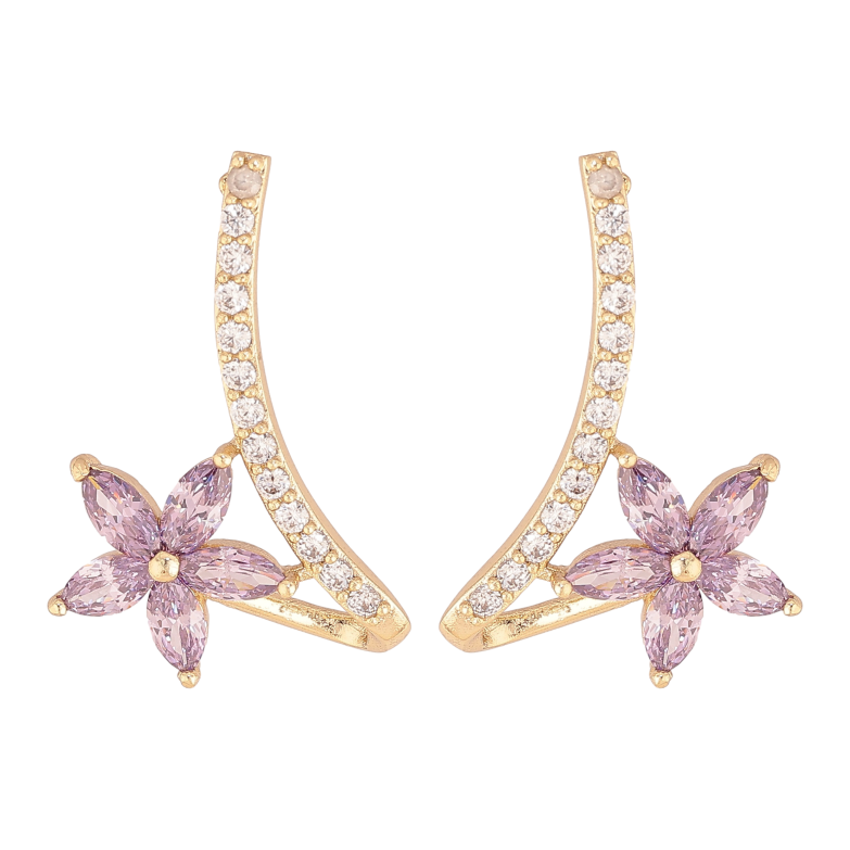 Сережки Xuping колір Позолота 14K пусети "Квіточки з бузковими кристалами" фото №3