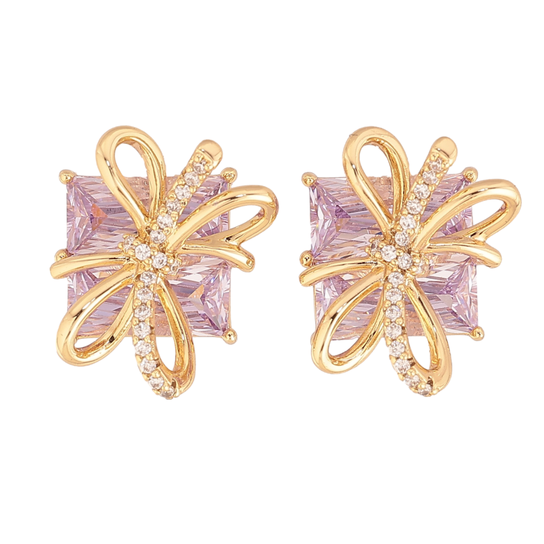 Сережки Xuping колір Позолота 14K пусети "Бузкові кристали з бантами" фото №2