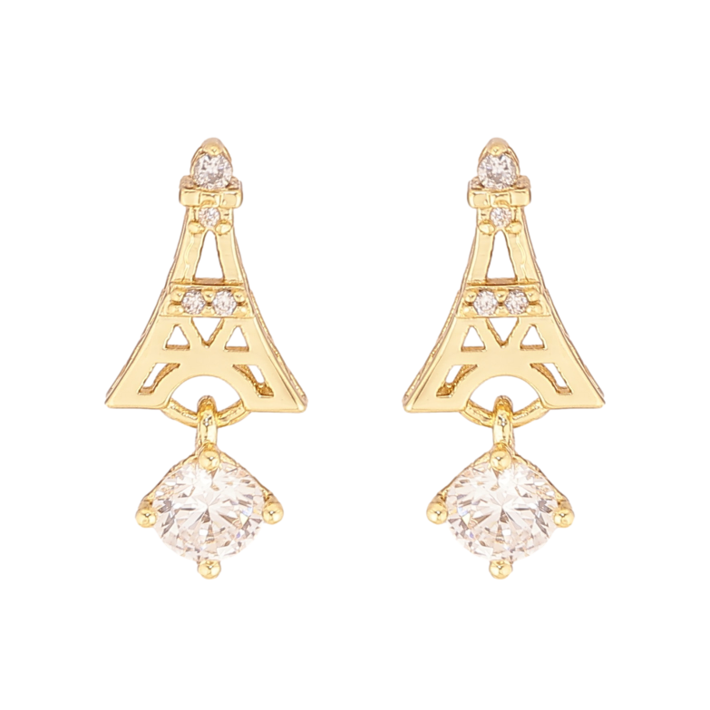 Серьги Xuping цвет Позолота 14K пусеты "Эйфелева башня с кристальными подвесками" фото №4