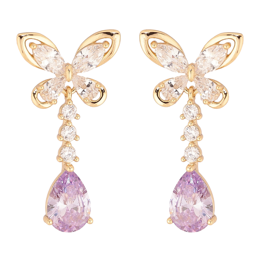 Сережки Xuping колір Позолота 14K пусети "Кристальні метелики з бузковими кристалами" фото №1