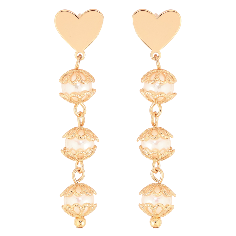 Серьги Xuping цвет Позолота 18К пусеты "Сердечки с жемчужными подвесками" фото №1