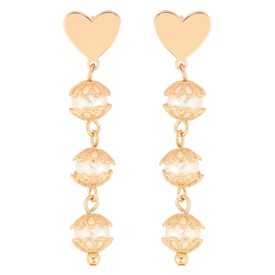 Серьги Xuping цвет Позолота 18К пусеты "Сердечки с жемчужными подвесками" фото №1