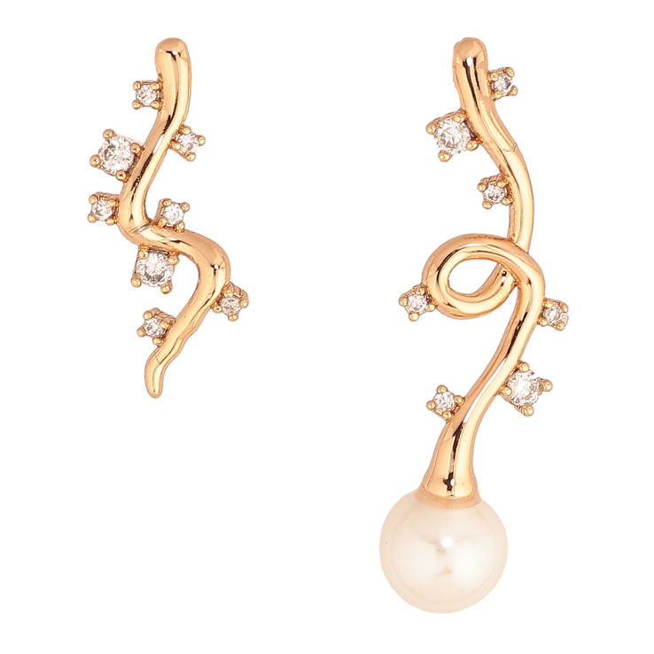 Серьги Xuping цвет Позолота 18К пусеты "Ассиметричный узор с кристаллами и жемчужинами" фото №3