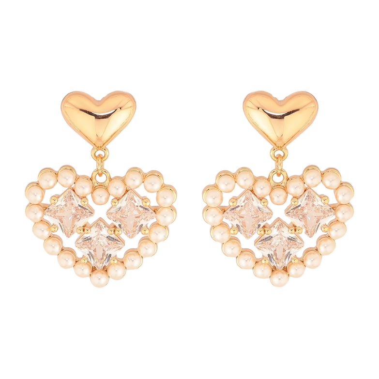 Серьги Xuping цвет Позолота 18К пусеты "Сердечки с кристаллами и жемчужинами" фото №1