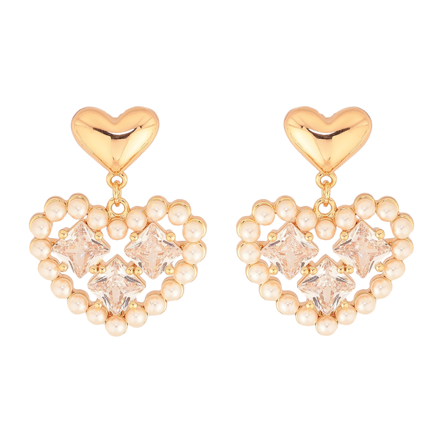 Сережки Xuping колір Позолота 18К пусети "Сердечки з кристалами та перлинами" фото №1