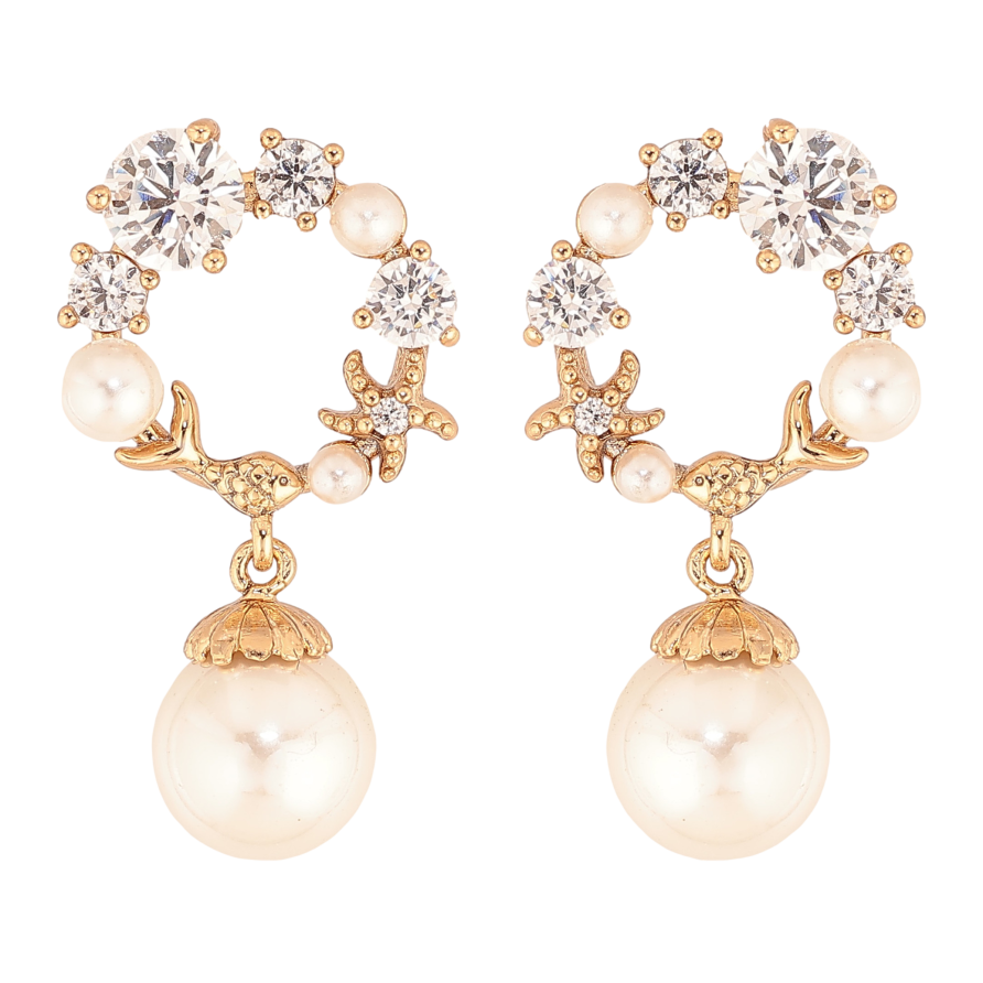 Серьги Xuping цвет Позолота 18К пусеты "Кристальные колечки с жемчужинами" фото №1