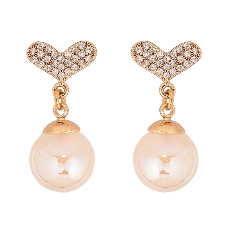 Серьги Xuping цвет Позолота 18К пусеты "Сердечки с жемчужными подвесками" фото №5