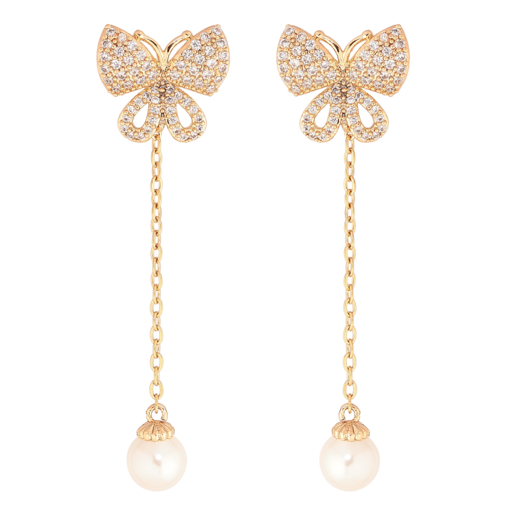 Серьги Xuping цвет Позолота 18К пусеты "Бабочки с жемчужными подвесками" фото №4