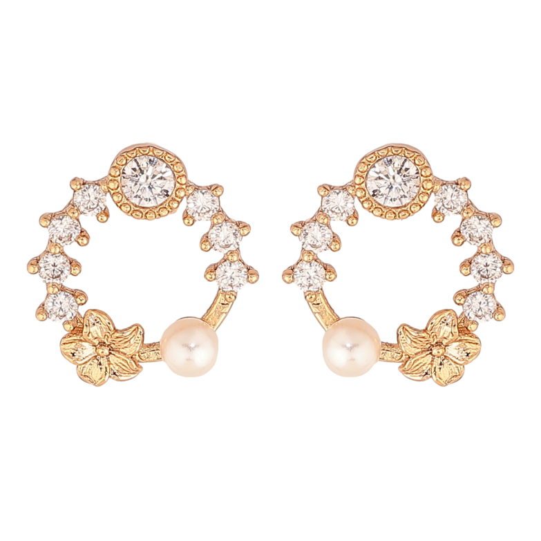 Серьги Xuping цвет Позолота 18К пусеты "Колечки с кристаллами и жемчужинами" фото №1