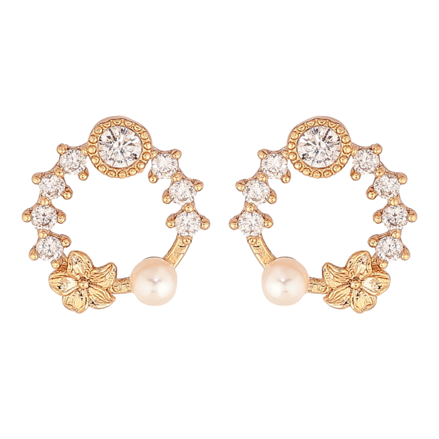 Серьги Xuping цвет Позолота 18К пусеты "Колечки с кристаллами и жемчужинами" фото №1
