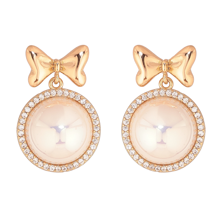 Серьги Xuping цвет Позолота 18К пусеты "Банты с перламутровыми подвесками" фото №6