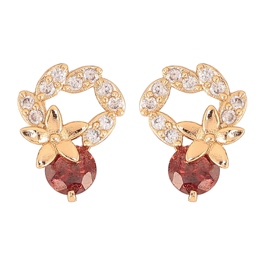 Серьги Xuping цвет Позолота 18К пусеты "Веночки с цветочками и красными кристаллами" фото №1