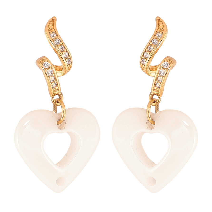 Серьги Xuping цвет Позолота 18К пусеты "Белые керамические сердечки" фото №1