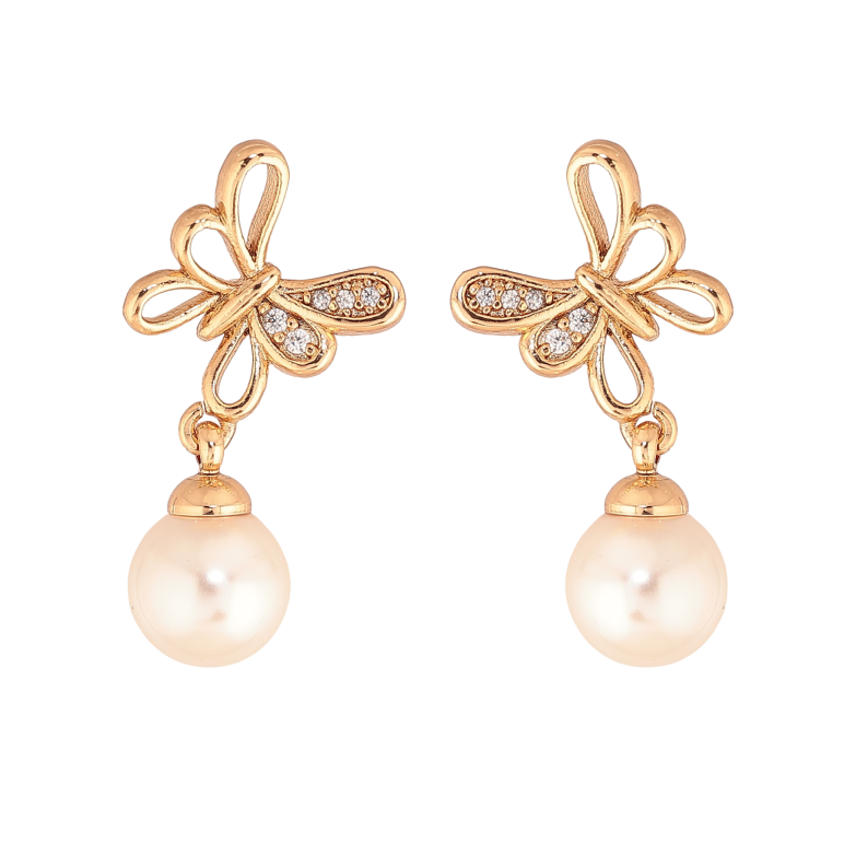Сережки Xuping колір Позолота 18К пусети "Метелики з перлинними підвісками" фото №1 Сережки Xuping колір Позолота 18К пусети "Метелики з перлинними підвісками" фото №1