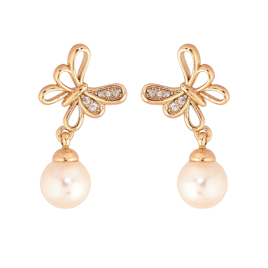 Сережки Xuping колір Позолота 18К пусети "Метелики з перлинними підвісками" фото №1 Сережки Xuping колір Позолота 18К пусети "Метелики з перлинними підвісками" фото №1