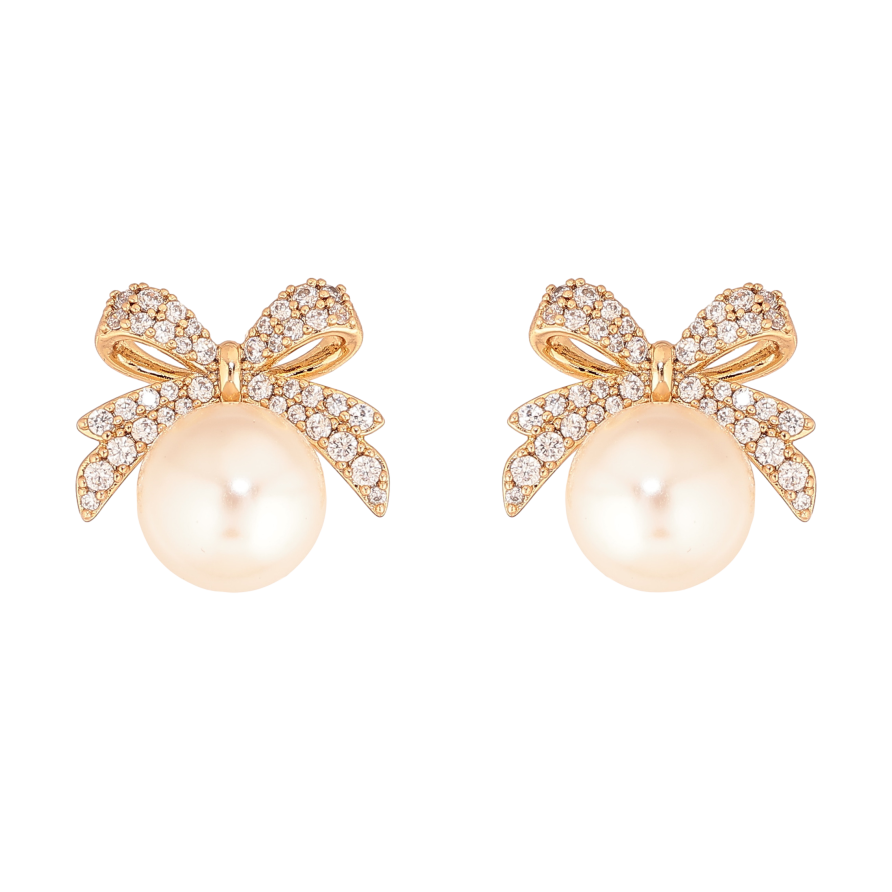 Сережки Xuping колір Позолота 18К пусети "Перлини з бантами" фото №1 Сережки Xuping колір Позолота 18К пусети "Перлини з бантами" фото №1