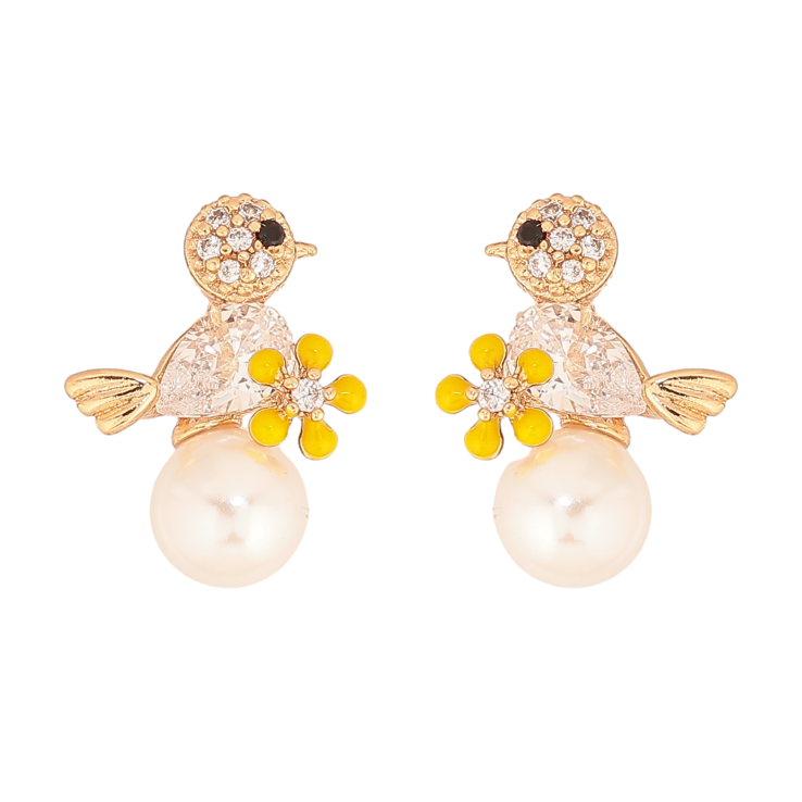 Сережки Xuping колір Позолота 18К пусети "Пташка з перлиною та жовтою квіточкою" фото №17 Сережки Xuping колір Позолота 18К пусети "Пташка з перлиною та жовтою квіточкою" фото №17