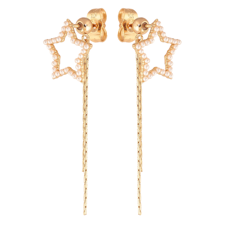 Серьги Xuping цвет Позолота 18К пусеты "Жемчужные звезды с подвесками" 2 в 1 фото №8