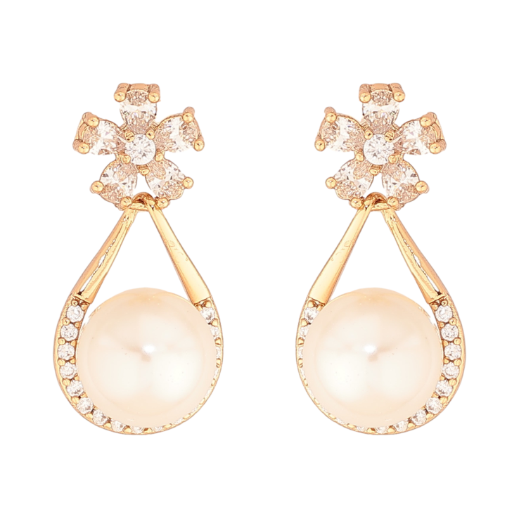 Серьги Xuping цвет Позолота 18К пусеты "Кристальные цветочки с жемчужными подвесками" фото №13