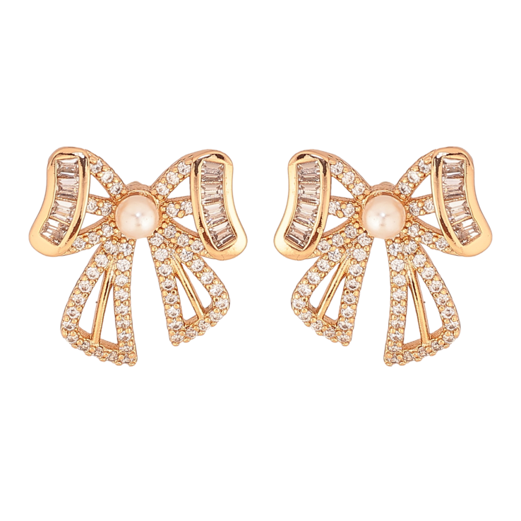 Сережки Xuping колір Позолота 18К пусети "Банти з перлинами та кристалами" фото №5