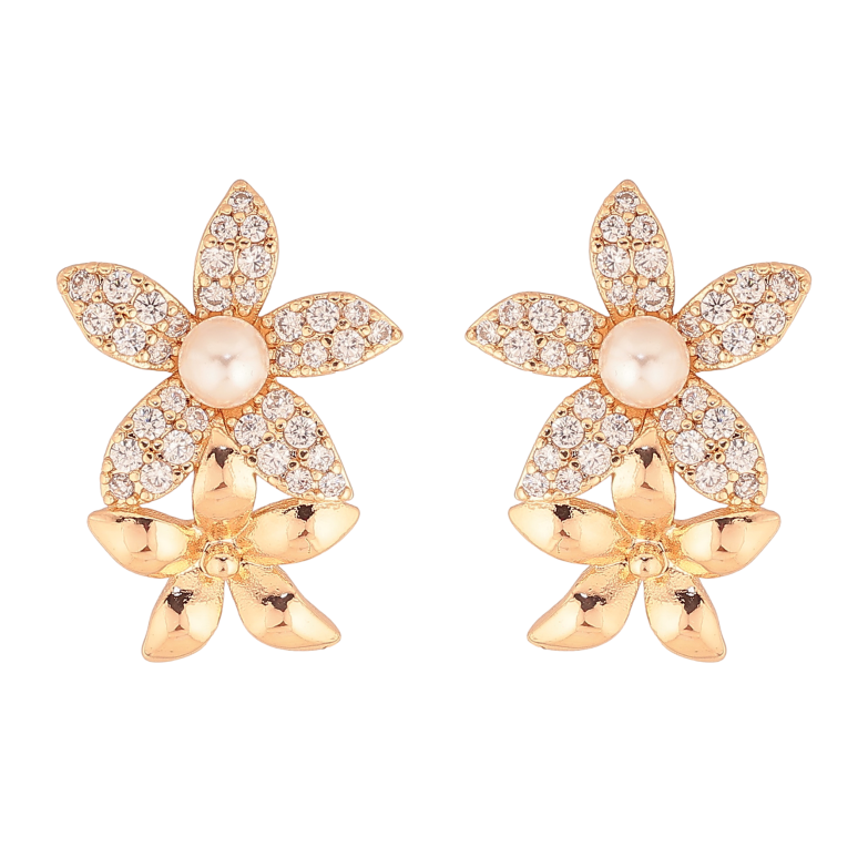 Сережки Xuping колір Позолота 18К пусети "Квіточки з кристалами та перлинками" фото №1