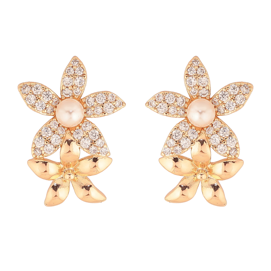 Сережки Xuping колір Позолота 18К пусети "Квіточки з кристалами та перлинками" фото №1