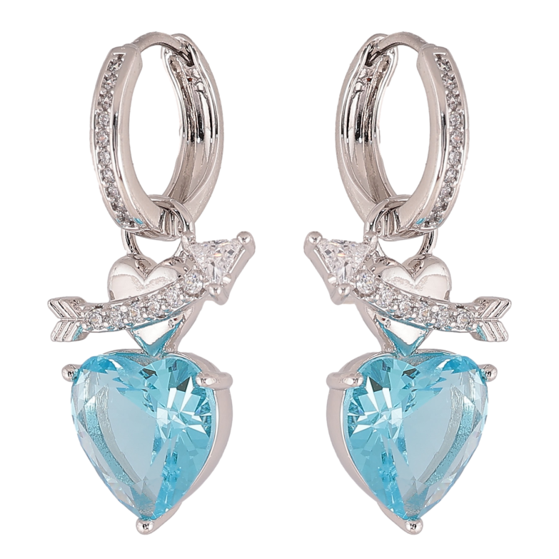 Сережки Xuping колір Родій підвіски на колечках "Кристальні блакитні серця" 2 в 1 фото №1